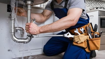Plumber repairing pipes beneath a sink in Glendale